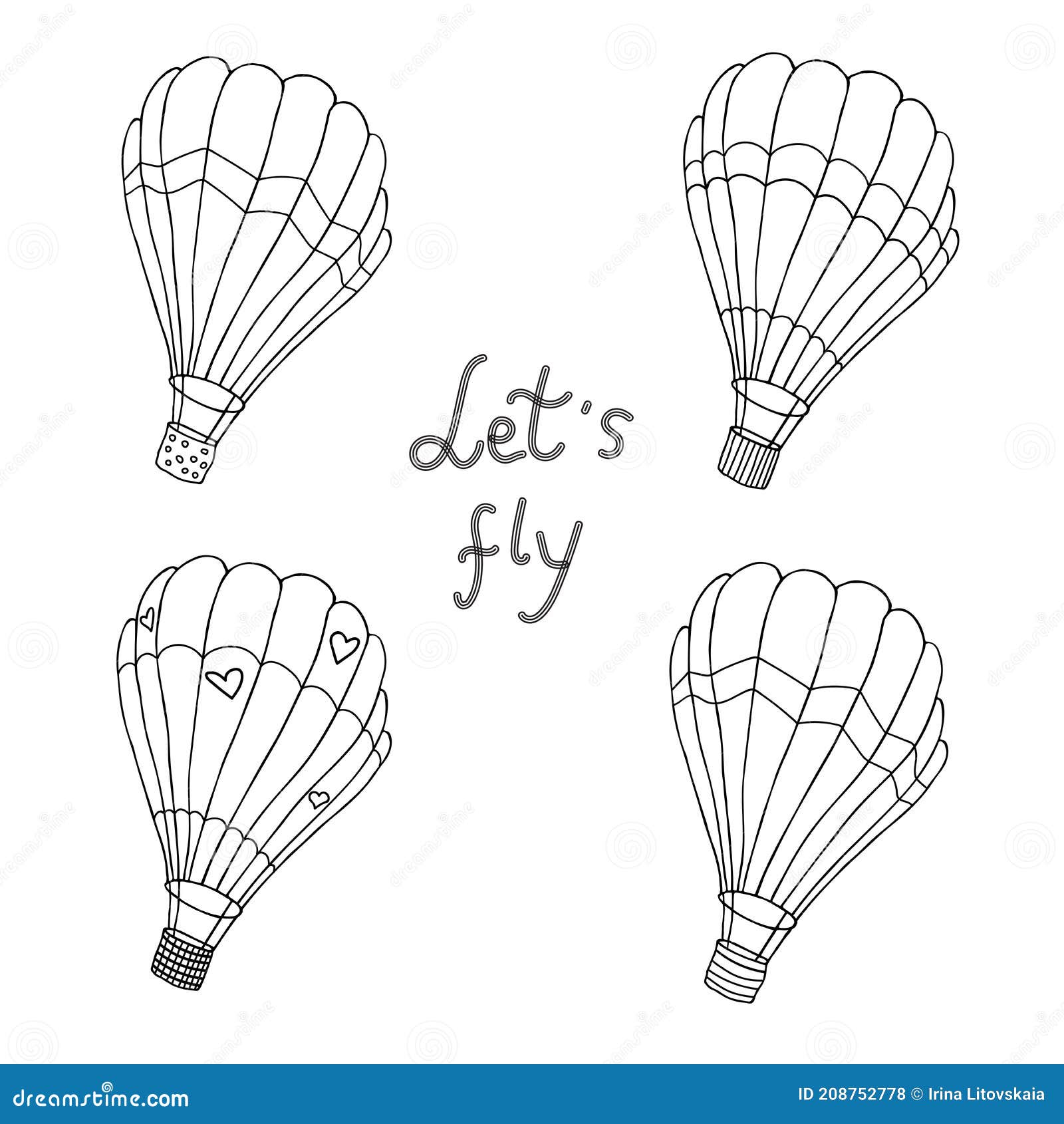 various hot air balloons  sketch. hand drawn black and white lets fly 